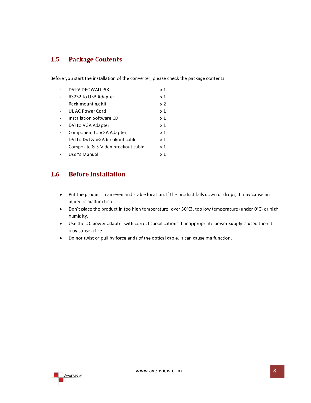 Avenview DVI-VIDEOWALL-9X specifications Package Contents, Before Installation 