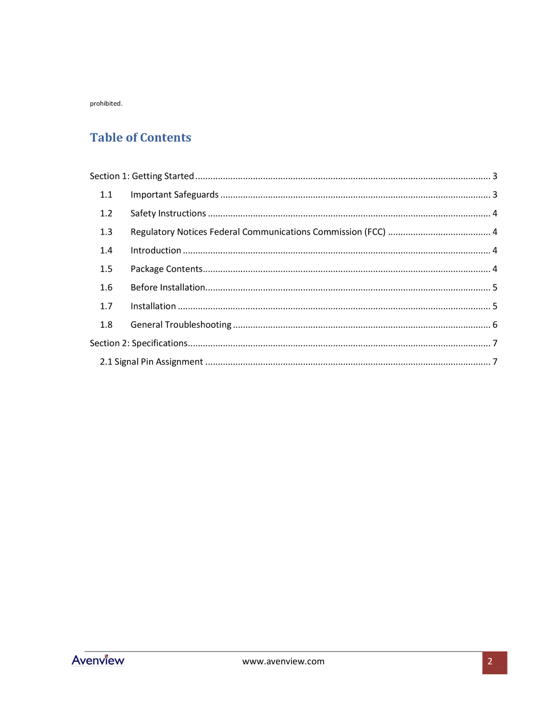 Avenview FO-4LC-xxM Series specifications Table of Contents 