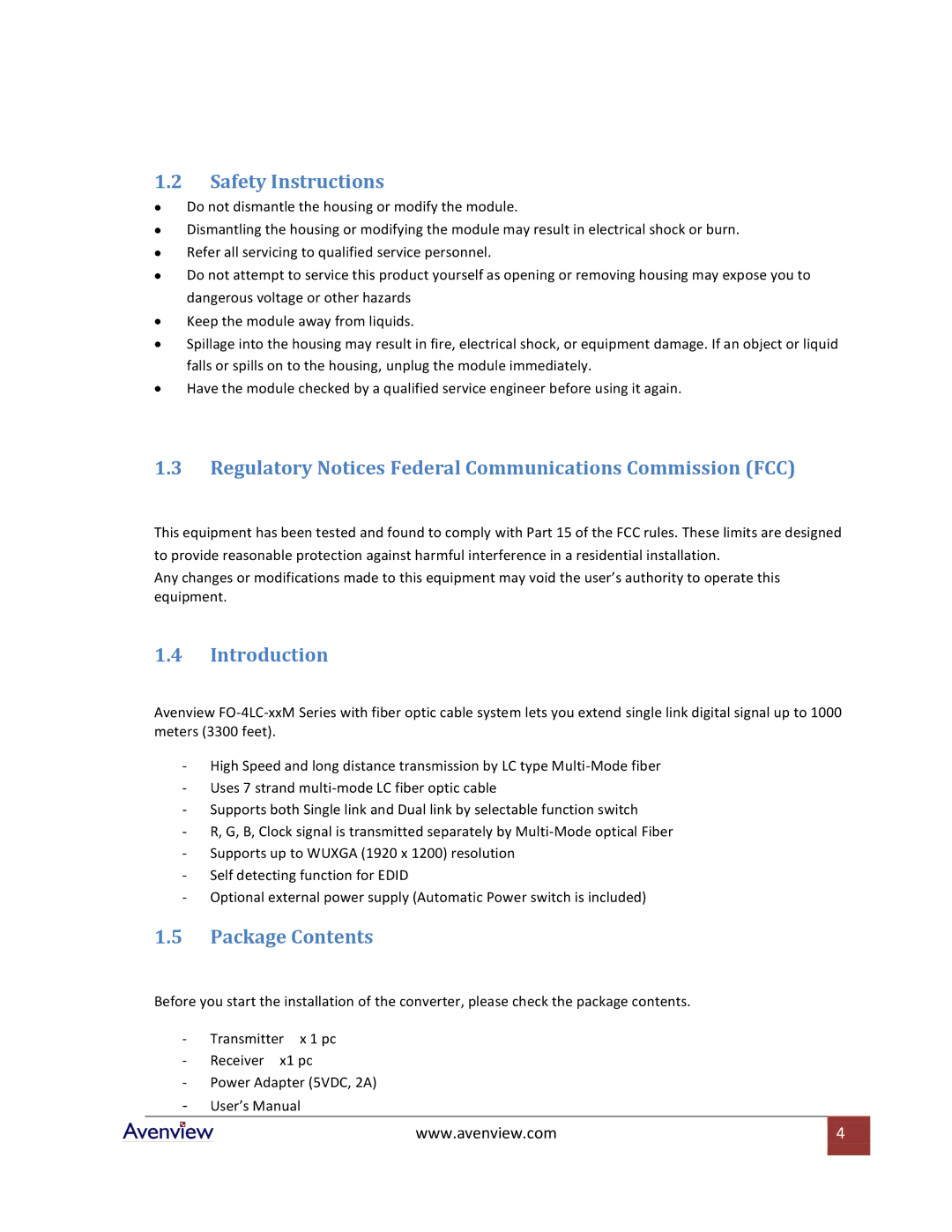 Avenview FO-4LC-xxM Series Safety Instructions, Regulatory Notices Federal Communications Commission FCC, Introduction 