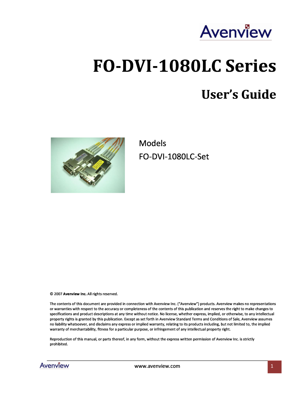 Avenview specifications FO-DVI-1080LC Series, User’s Guide, Models FO-DVI-1080LC-Set 