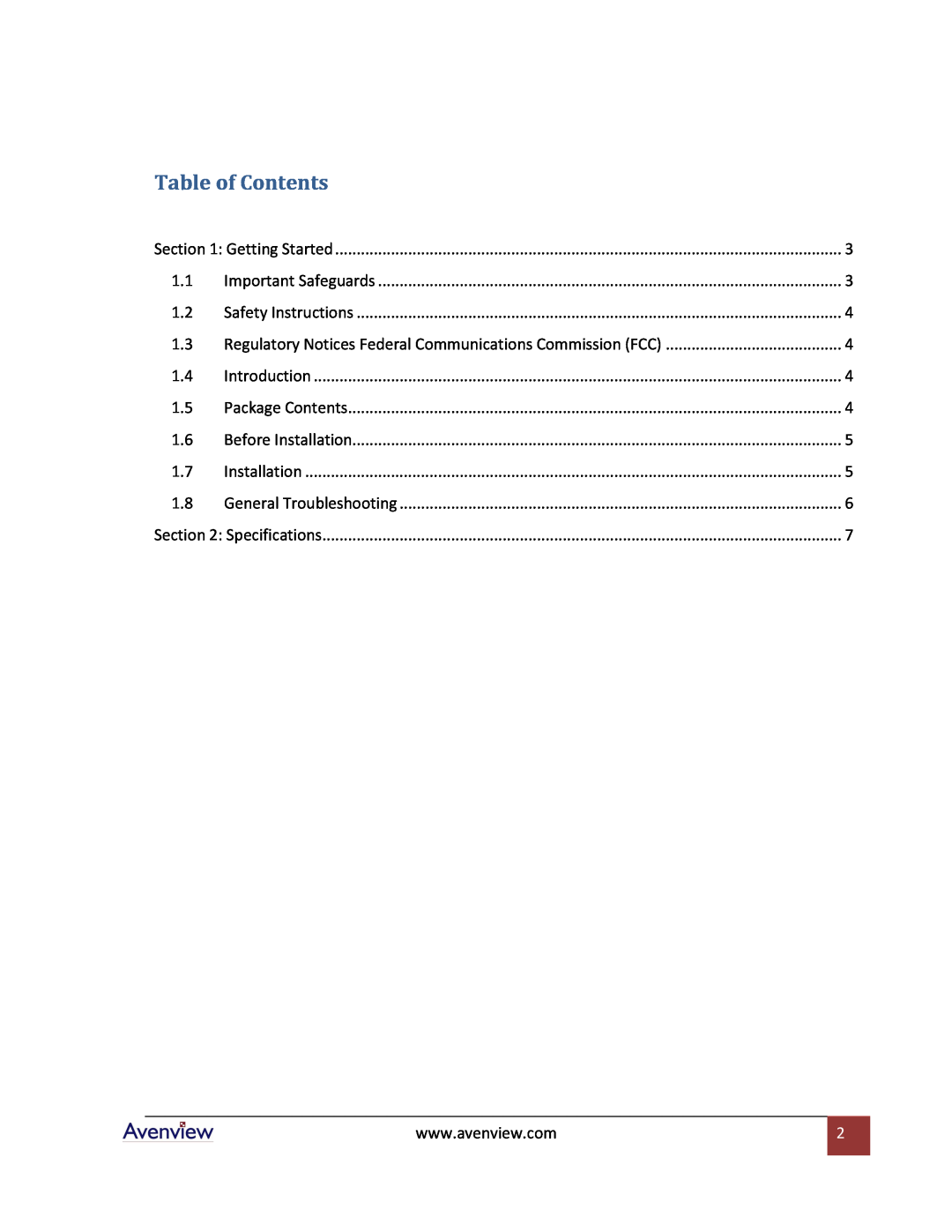 Avenview FO-DVI-1080LC-Set specifications Table of Contents, Regulatory Notices Federal Communications Commission FCC 