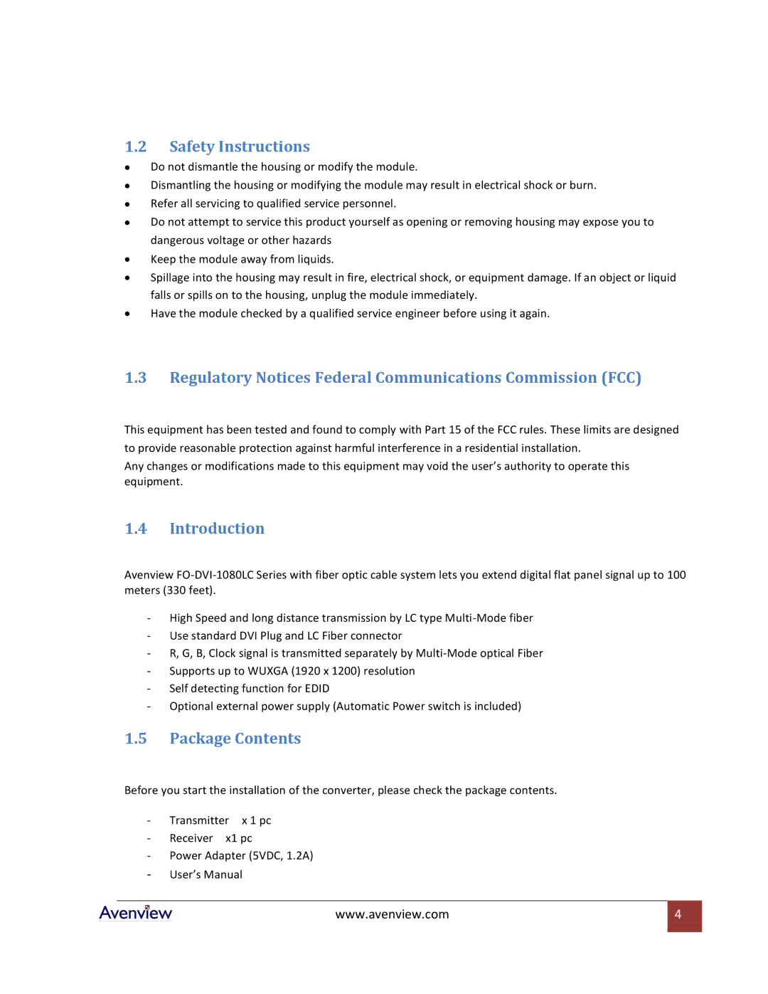 Avenview FO-DVI-1080LC-Set Safety Instructions, Regulatory Notices Federal Communications Commission FCC, Introduction 