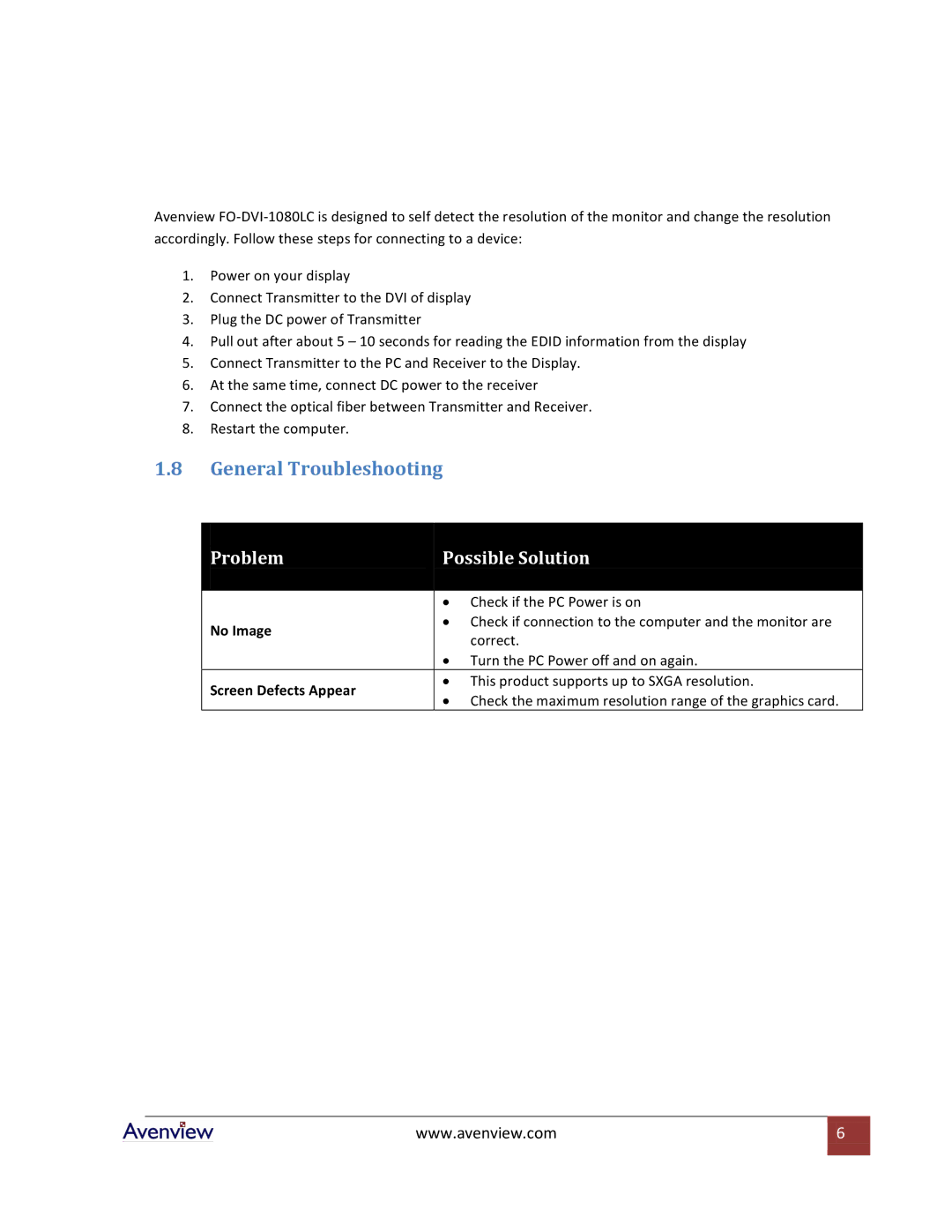 Avenview FO-DVI-1080LC-Set specifications General Troubleshooting, No Image, Screen Defects Appear 