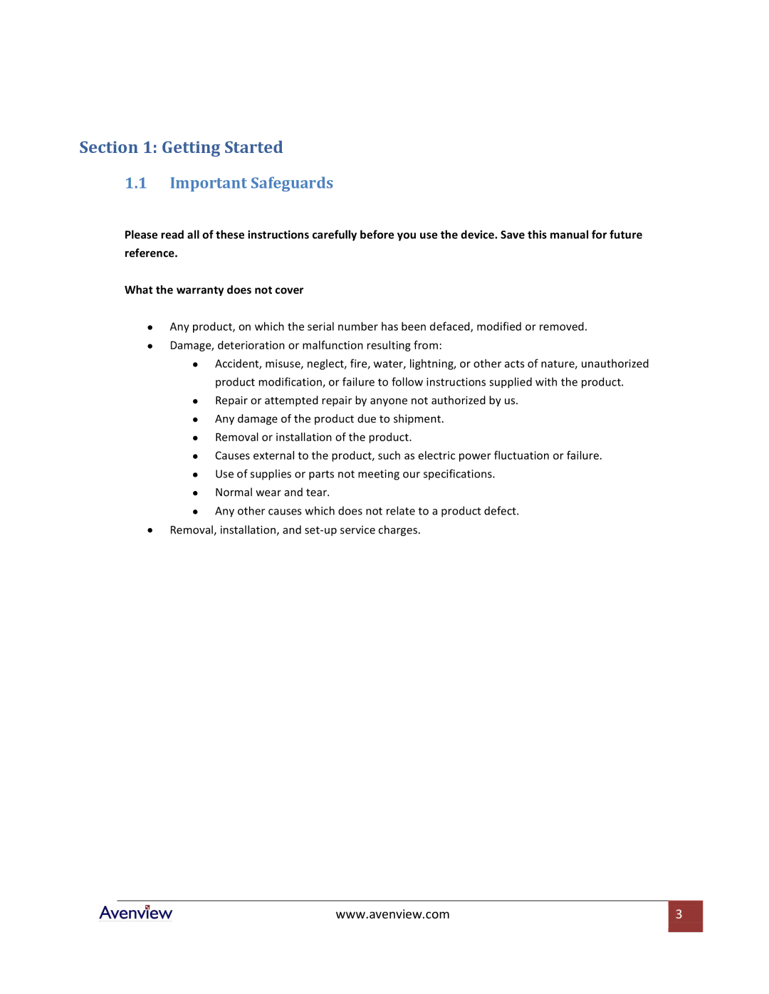 Avenview FO-DVI-DL-330 Series specifications Getting Started, Important Safeguards 