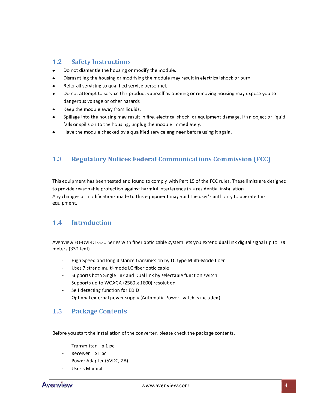 Avenview FO-DVI-DL-330 Series Safety Instructions, Regulatory Notices Federal Communications Commission FCC, Introduction 