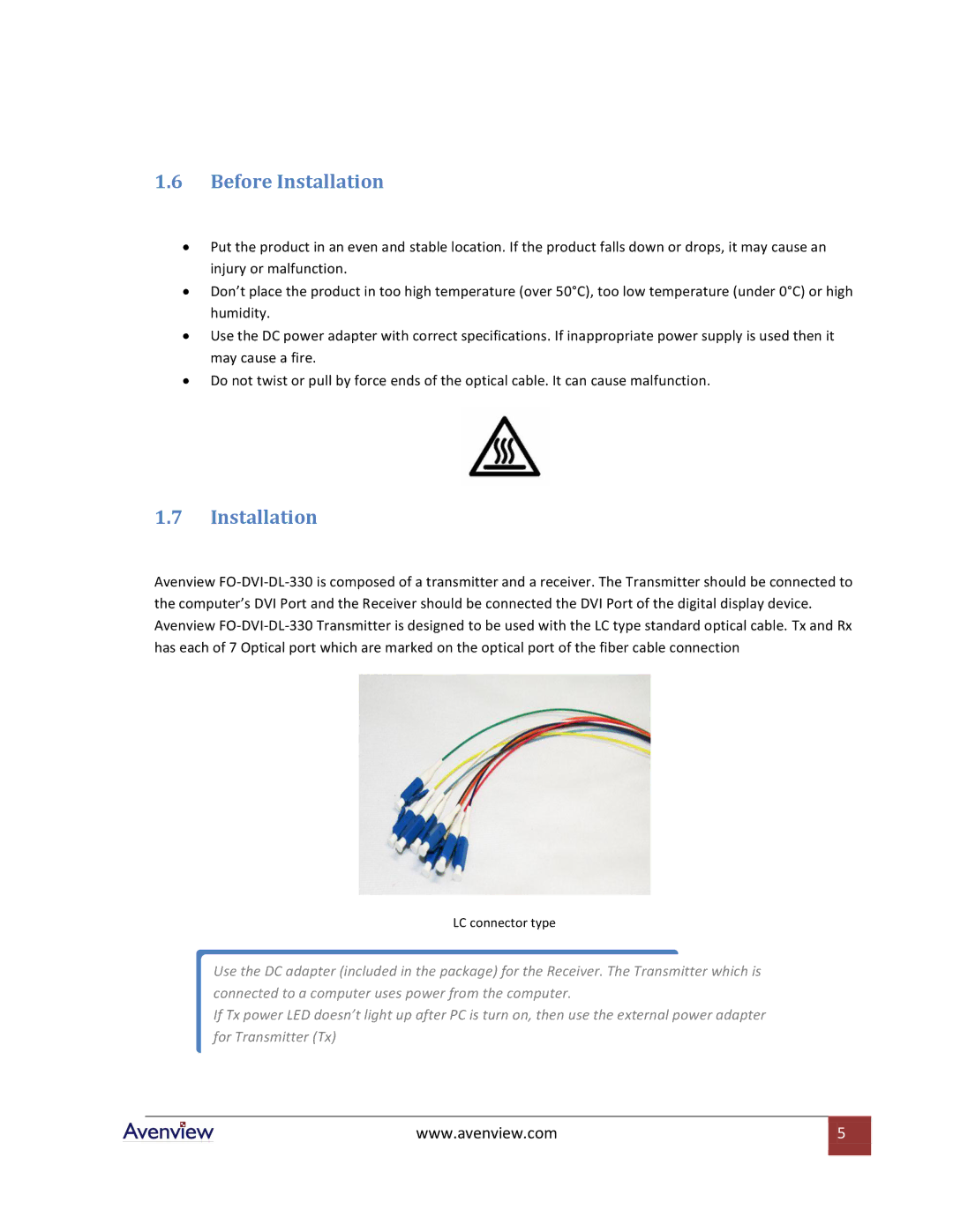 Avenview FO-DVI-DL-330 Series specifications Before Installation 