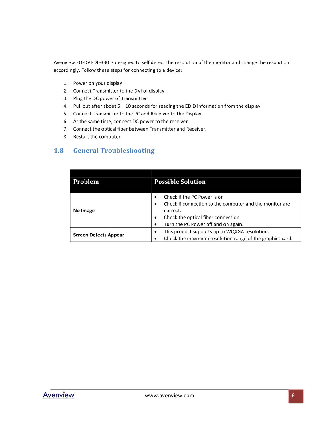 Avenview FO-DVI-DL-330 Series specifications General Troubleshooting, No Image, Screen Defects Appear 