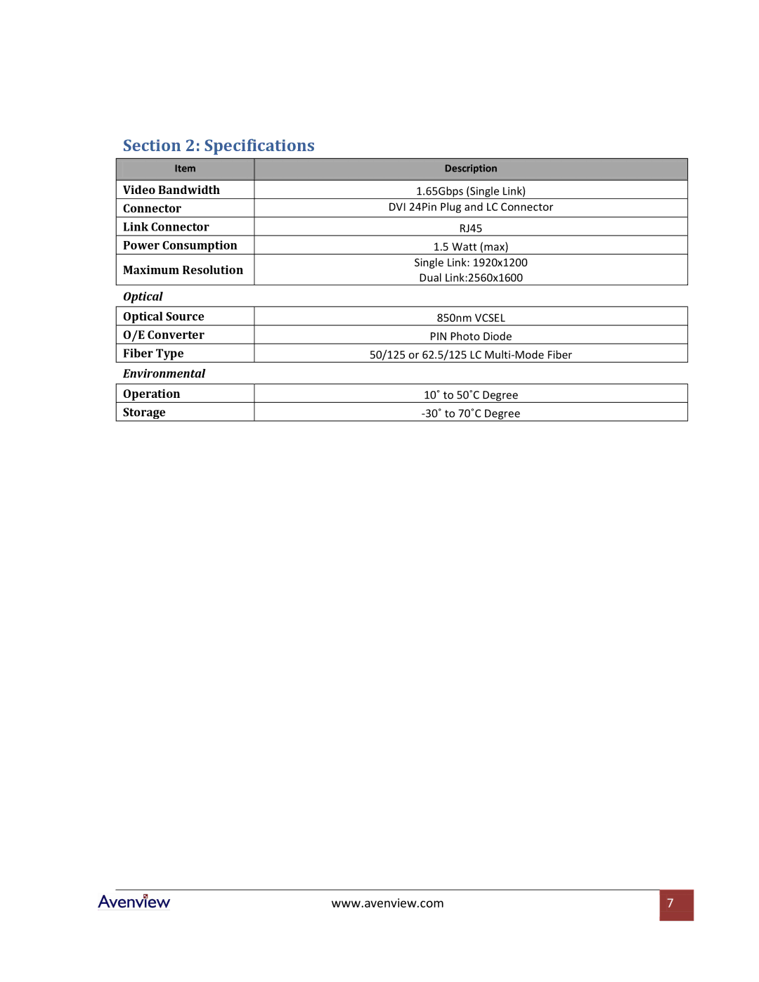 Avenview FO-DVI-DL-330 Series specifications Specifications 