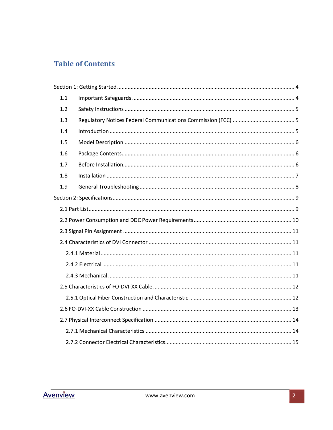 Avenview FO-DVI-XX-MM specifications Table of Contents 