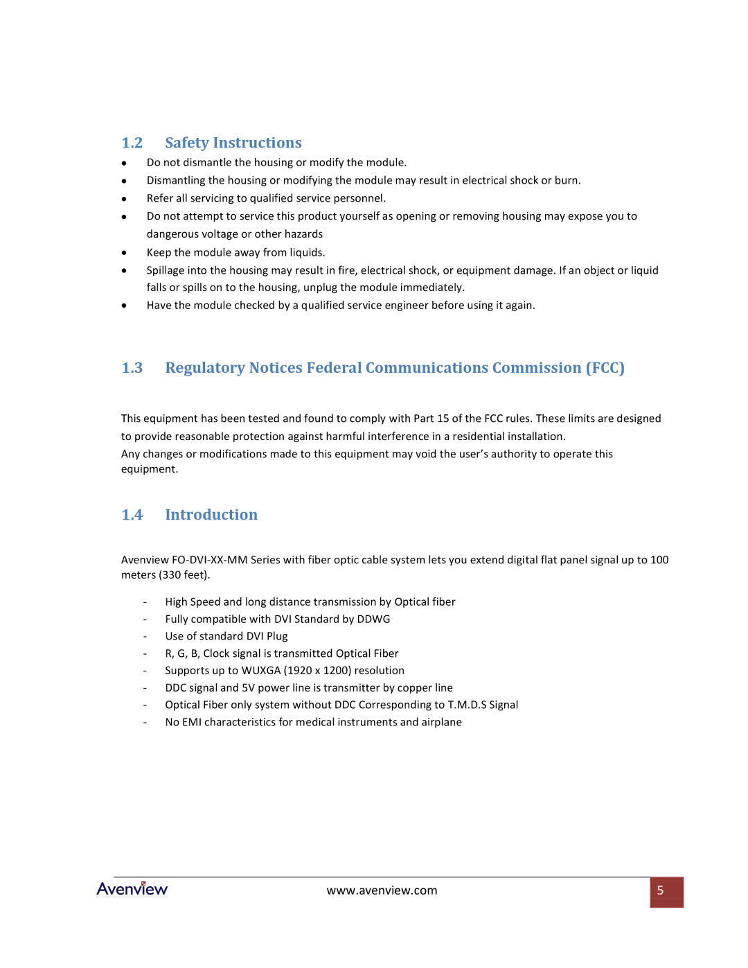 Avenview FO-DVI-XX-MM Safety Instructions, Regulatory Notices Federal Communications Commission FCC, Introduction 