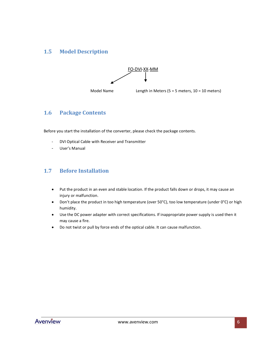 Avenview FO-DVI-XX-MM specifications Model Description, Package Contents, Before Installation 