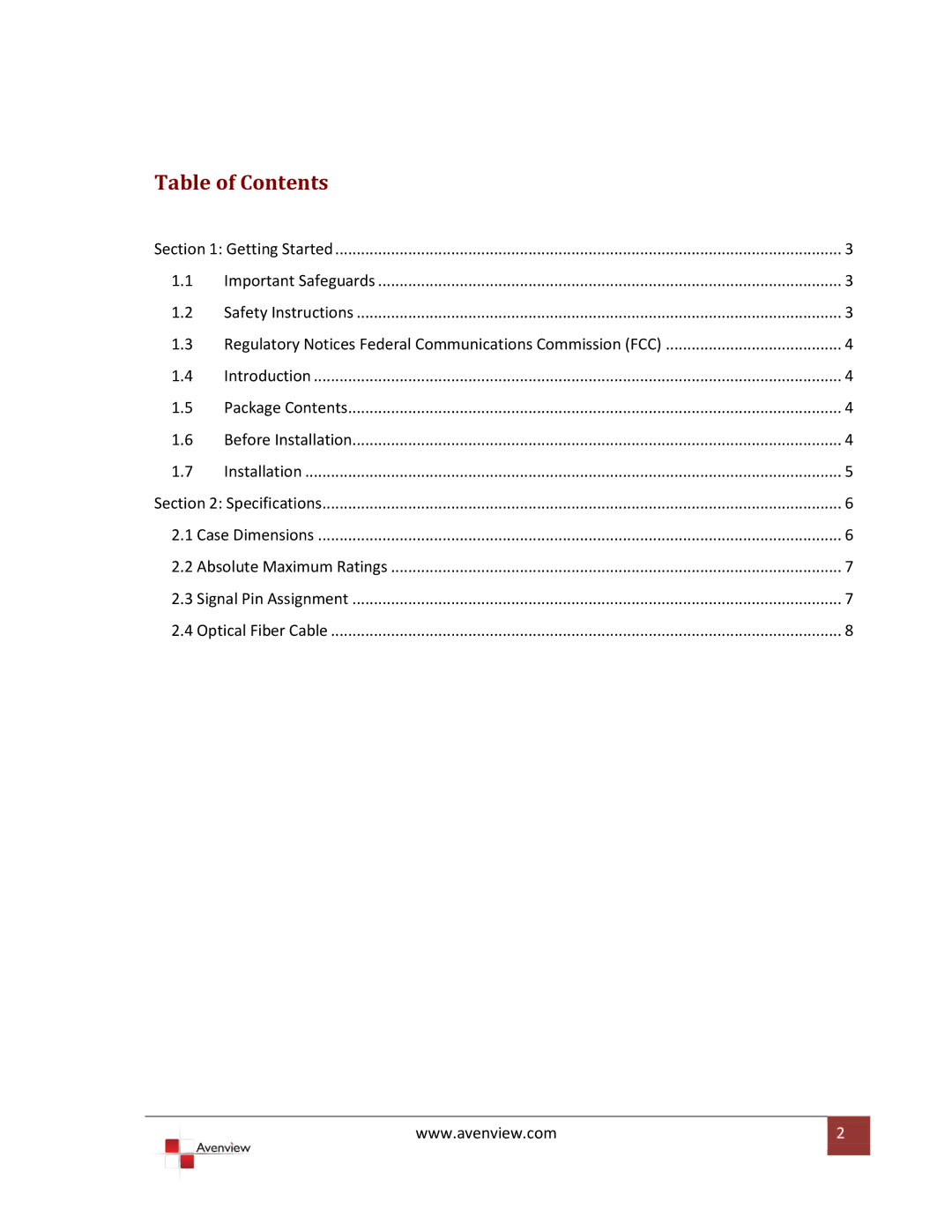 Avenview FO-HDM-1000M-EMI specifications Table of Contents 