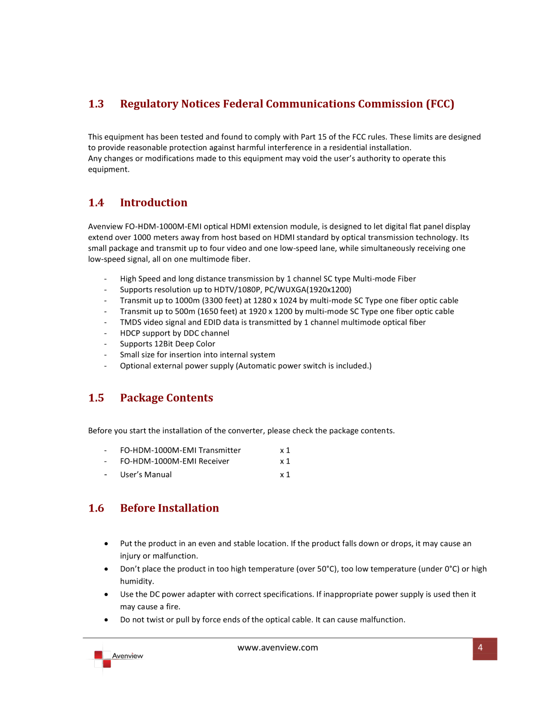 Avenview FO-HDM-1000M-EMI Regulatory Notices Federal Communications Commission FCC, Introduction, Package Contents 