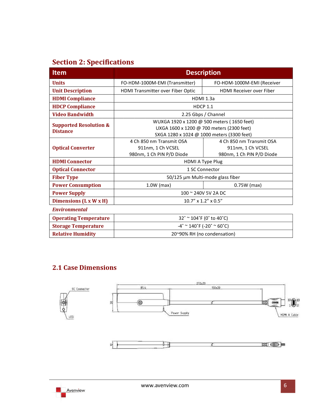 Avenview FO-HDM-1000M-EMI specifications Specifications, Case Dimensions 