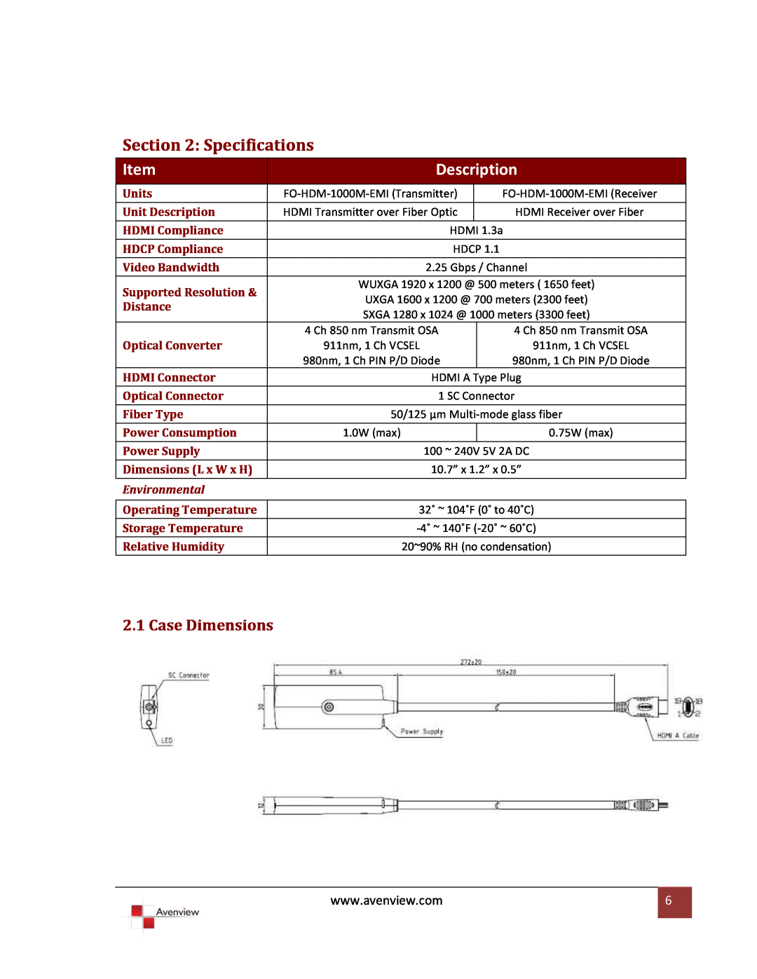 Avenview FO-HDM-1000M-EMI specifications Specifications, Case Dimensions, Description, Environmental 