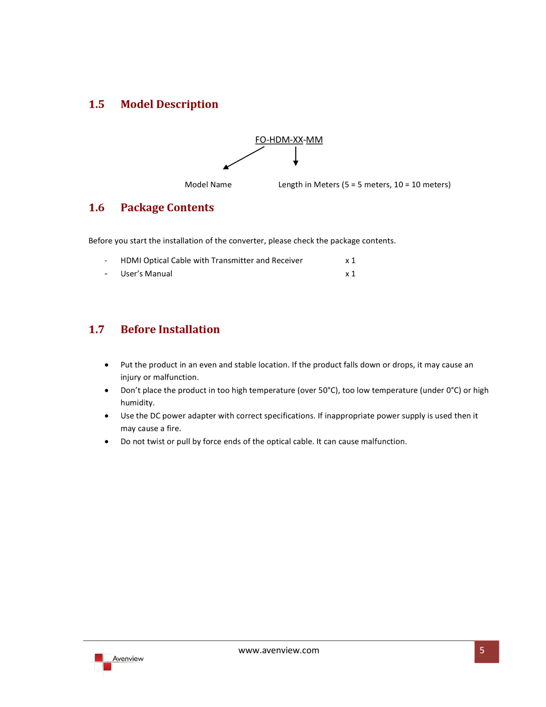 Avenview FO-HDM-XX-MM specifications Model Description, Package Contents, Before Installation 