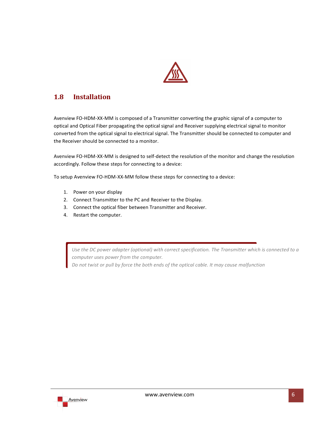 Avenview FO-HDM-XX-MM specifications Installation 