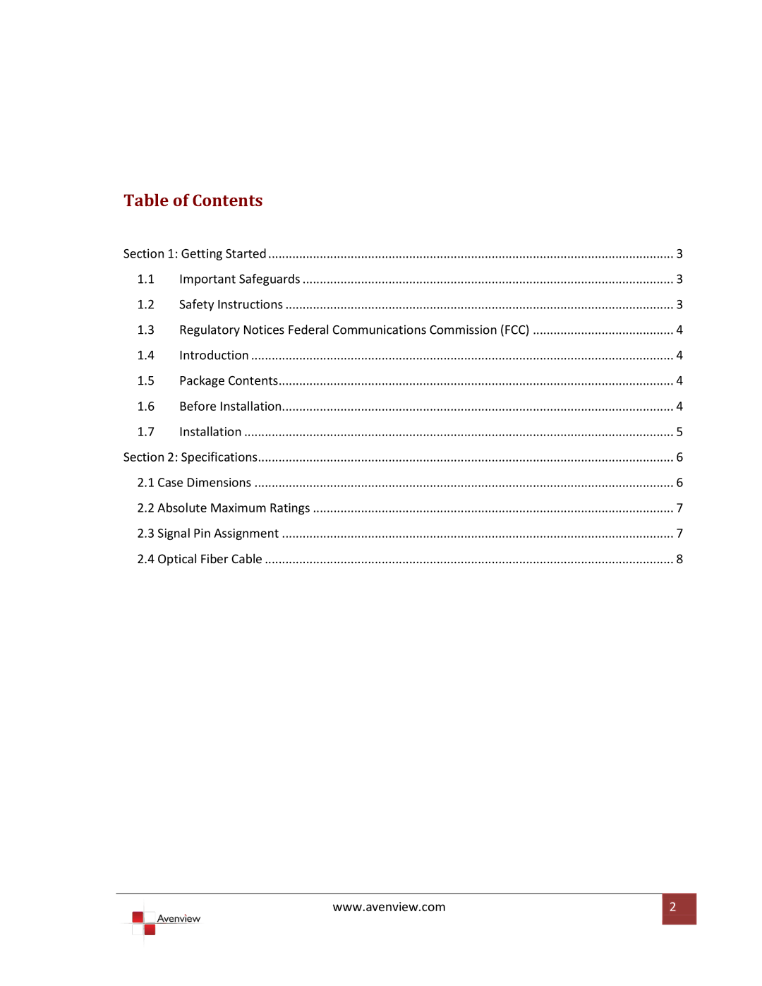 Avenview FO-HDMI-1000M-EMI specifications Table of Contents 