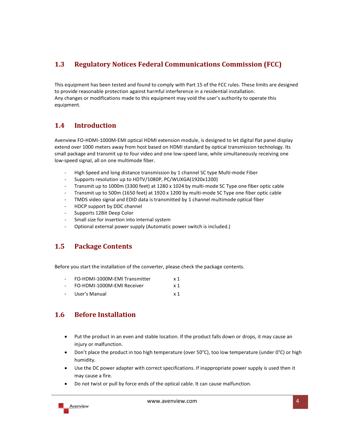 Avenview FO-HDMI-1000M-EMI Regulatory Notices Federal Communications Commission FCC, Introduction, Package Contents 