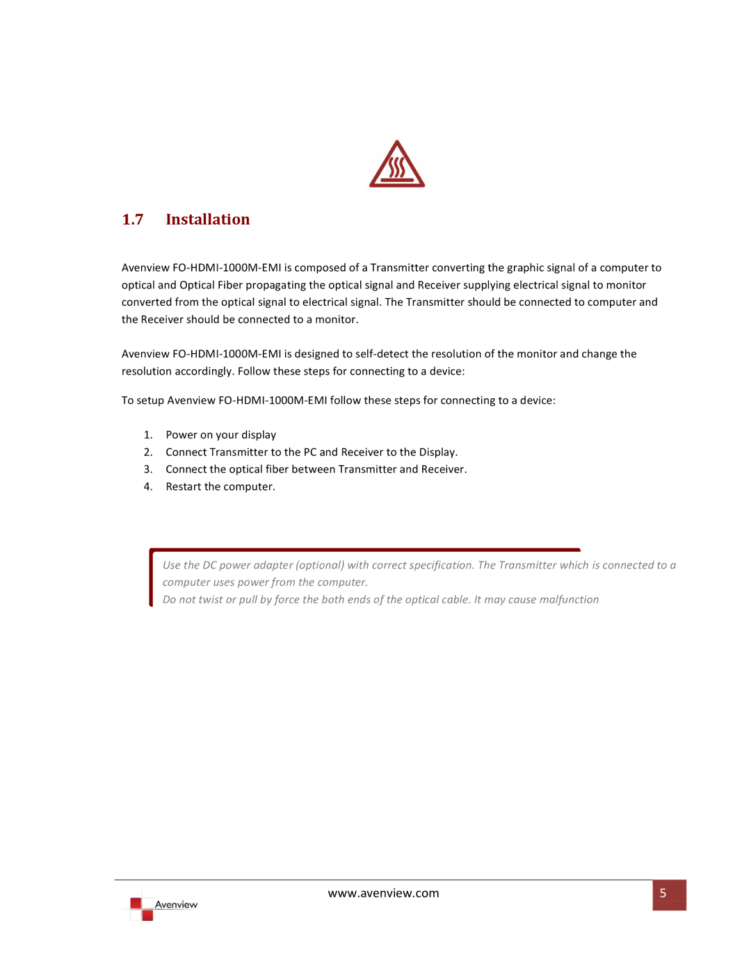 Avenview FO-HDMI-1000M-EMI specifications Installation 