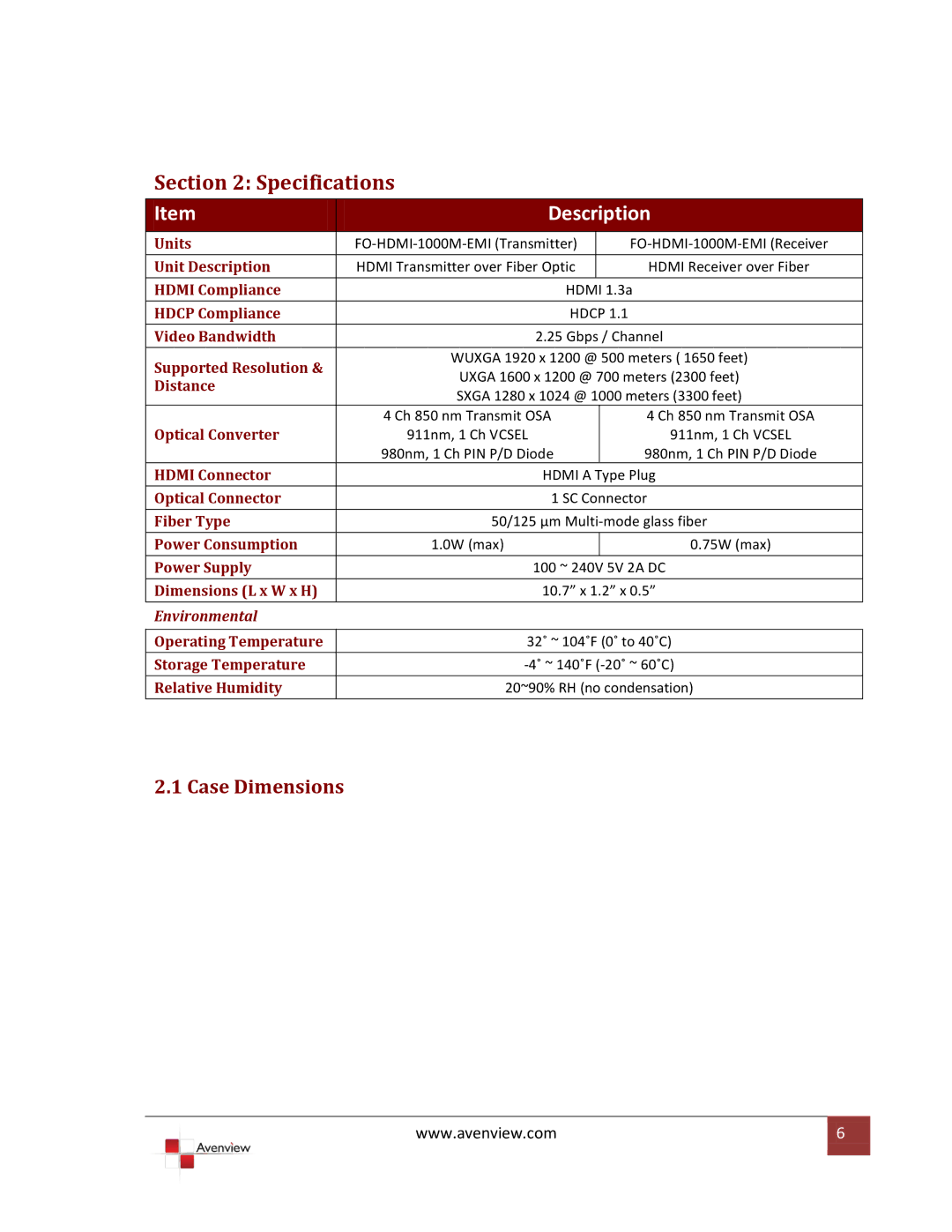 Avenview FO-HDMI-1000M-EMI specifications Specifications, Case Dimensions 