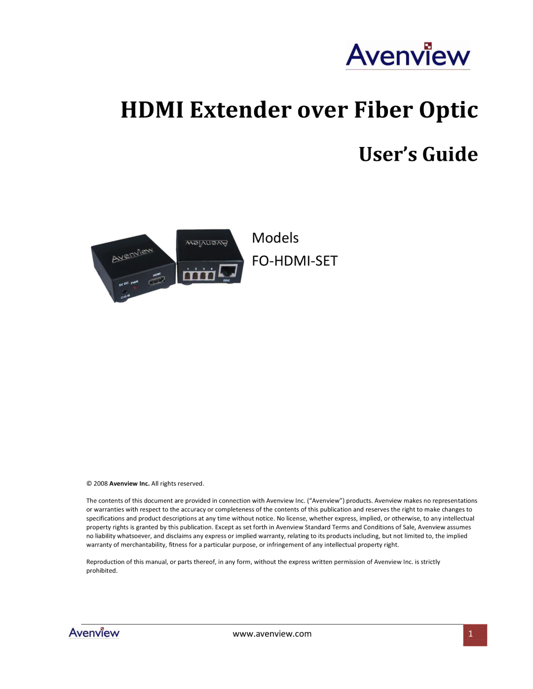 Avenview FO-HDMI-SET specifications Hdmi Extender over Fiber Optic 