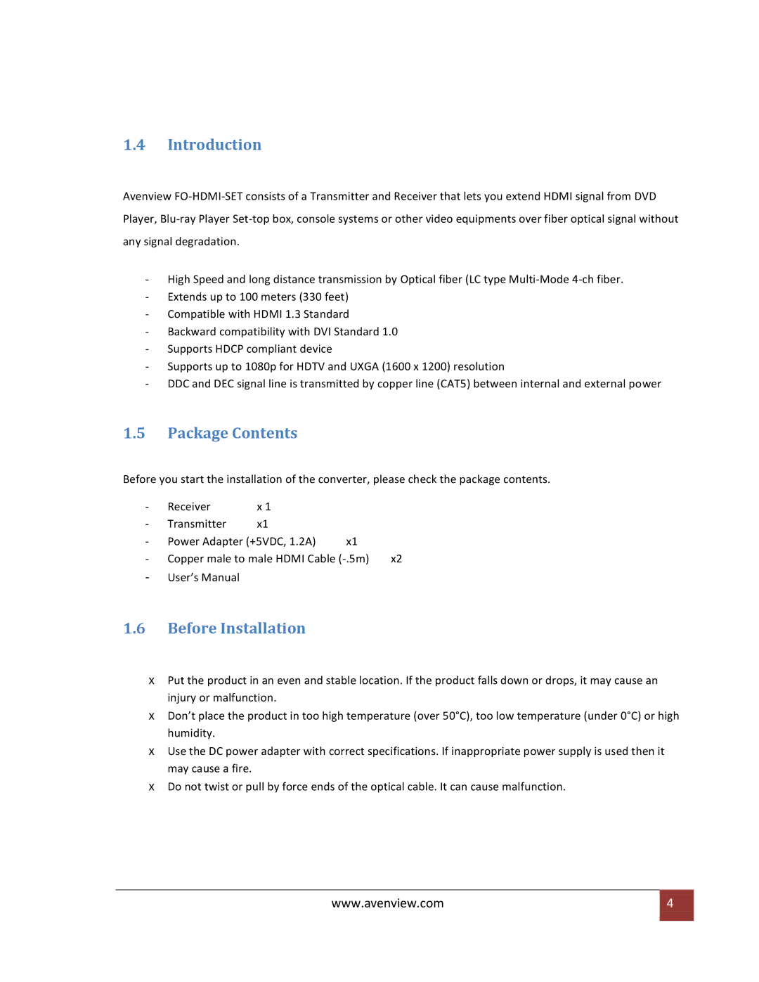 Avenview FO-HDMI-SET specifications Introduction, Package Contents, Before Installation 