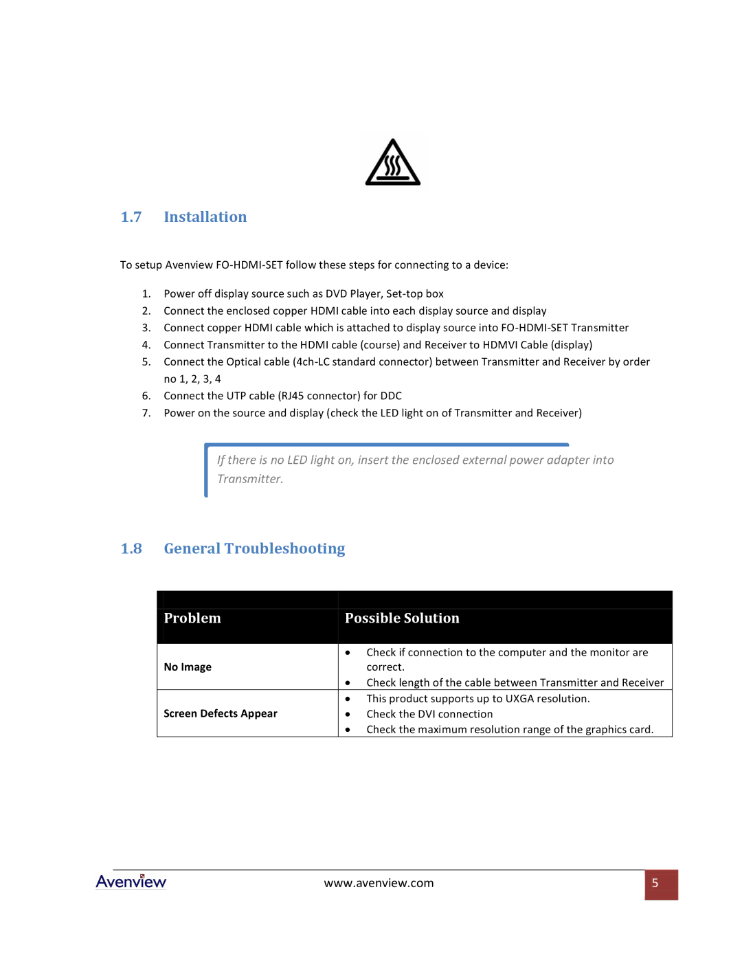 Avenview FO-HDMI-SET specifications Installation, General Troubleshooting, No Image, Screen Defects Appear 