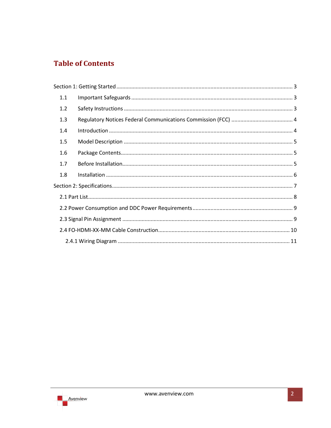 Avenview FO-HDMI-XX-MM specifications Table of Contents 