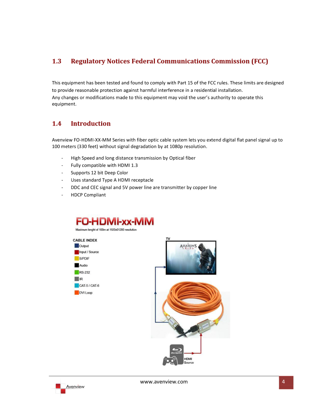 Avenview FO-HDMI-XX-MM specifications Regulatory Notices Federal Communications Commission FCC, Introduction 