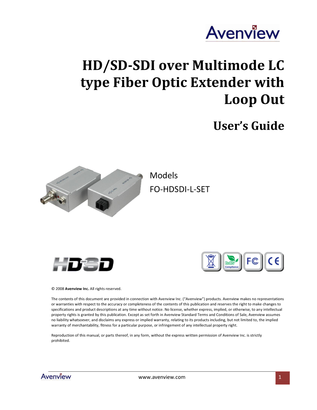 Avenview FO-HDSDI-L-SET specifications User’s Guide 