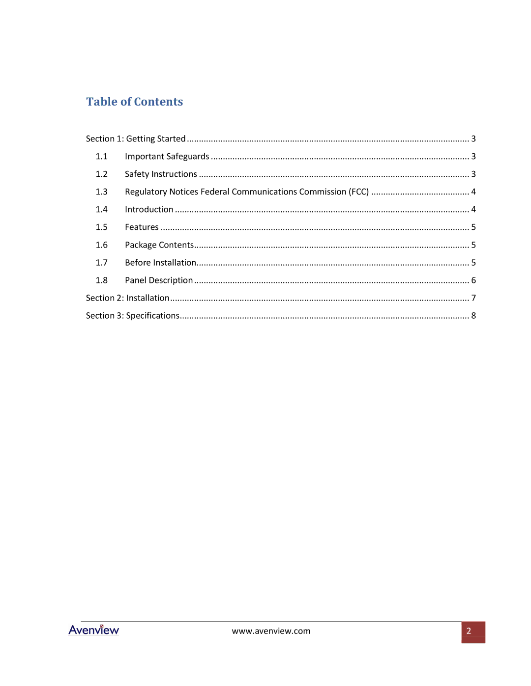 Avenview FO-HDSDI-L-SET specifications Table of Contents 