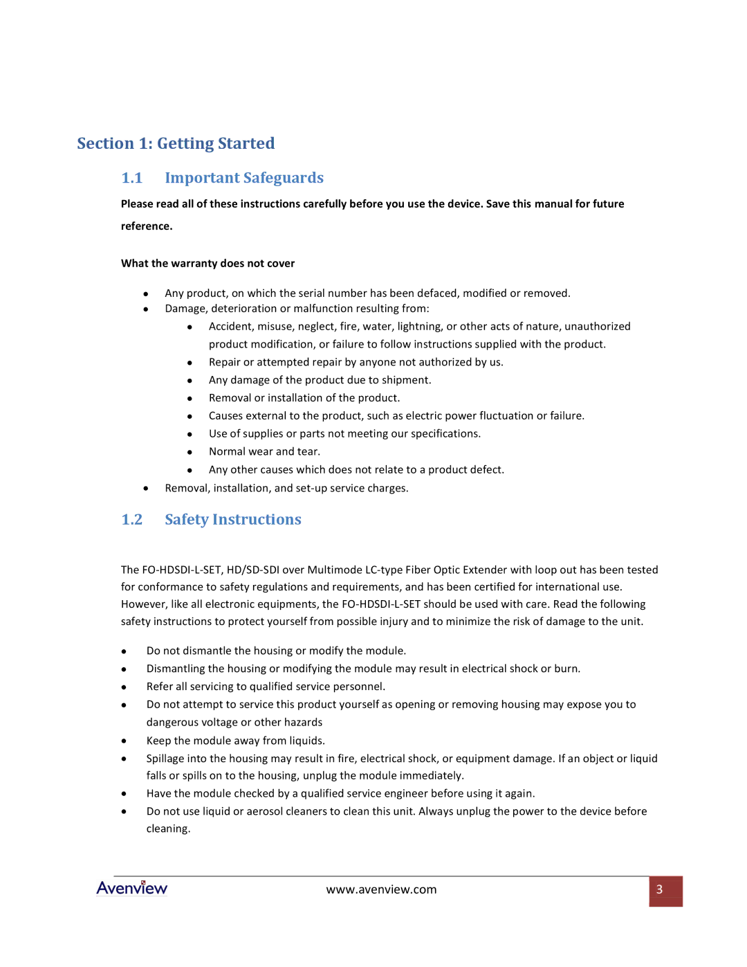 Avenview FO-HDSDI-L-SET specifications Getting Started, Important Safeguards, Safety Instructions 