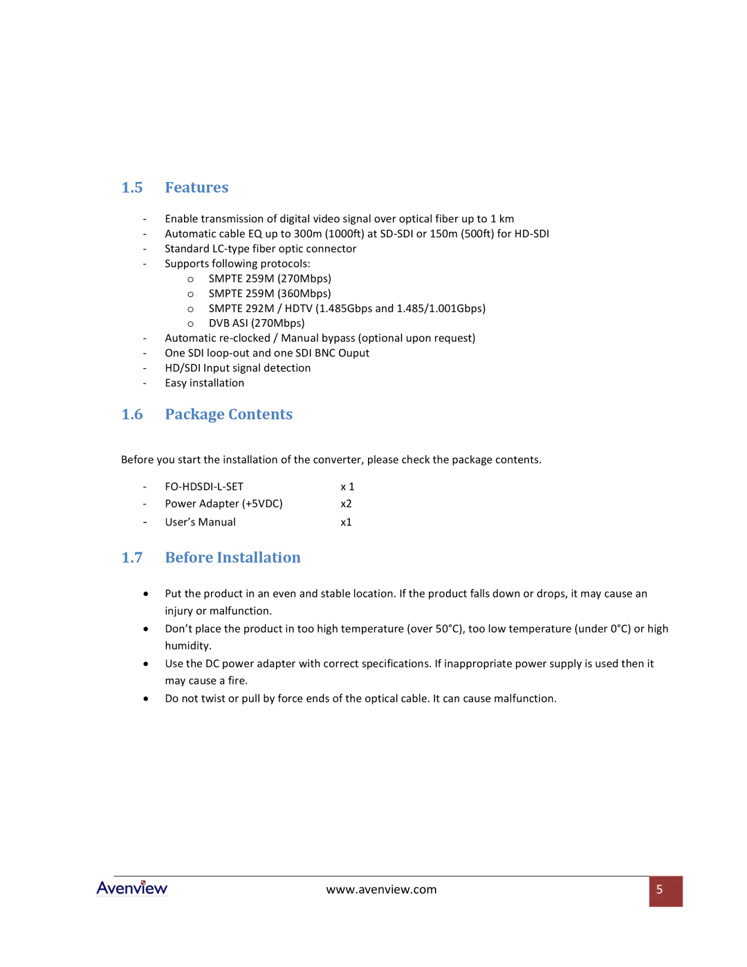 Avenview FO-HDSDI-L-SET specifications Features, Package Contents, Before Installation 