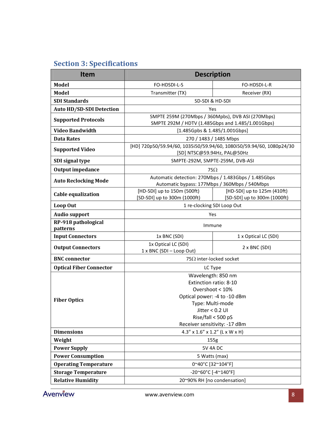 Avenview FO-HDSDI-L-SET specifications Specifications, Description 