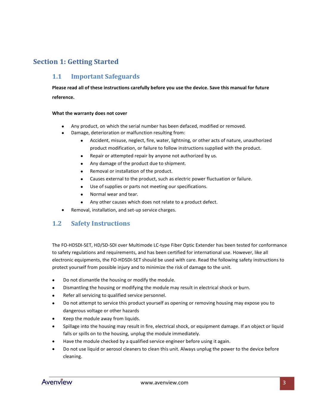 Avenview FO-HDSDI-SET specifications Getting Started, Important Safeguards, Safety Instructions 