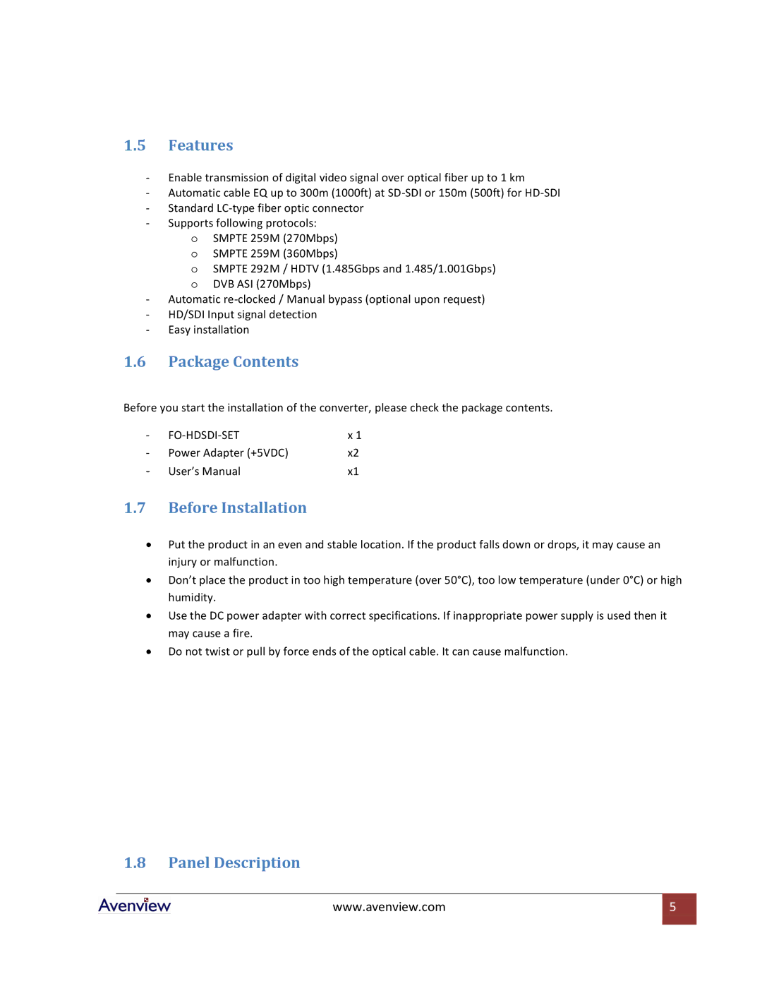 Avenview FO-HDSDI-SET specifications Features, Package Contents, Before Installation, Panel Description 