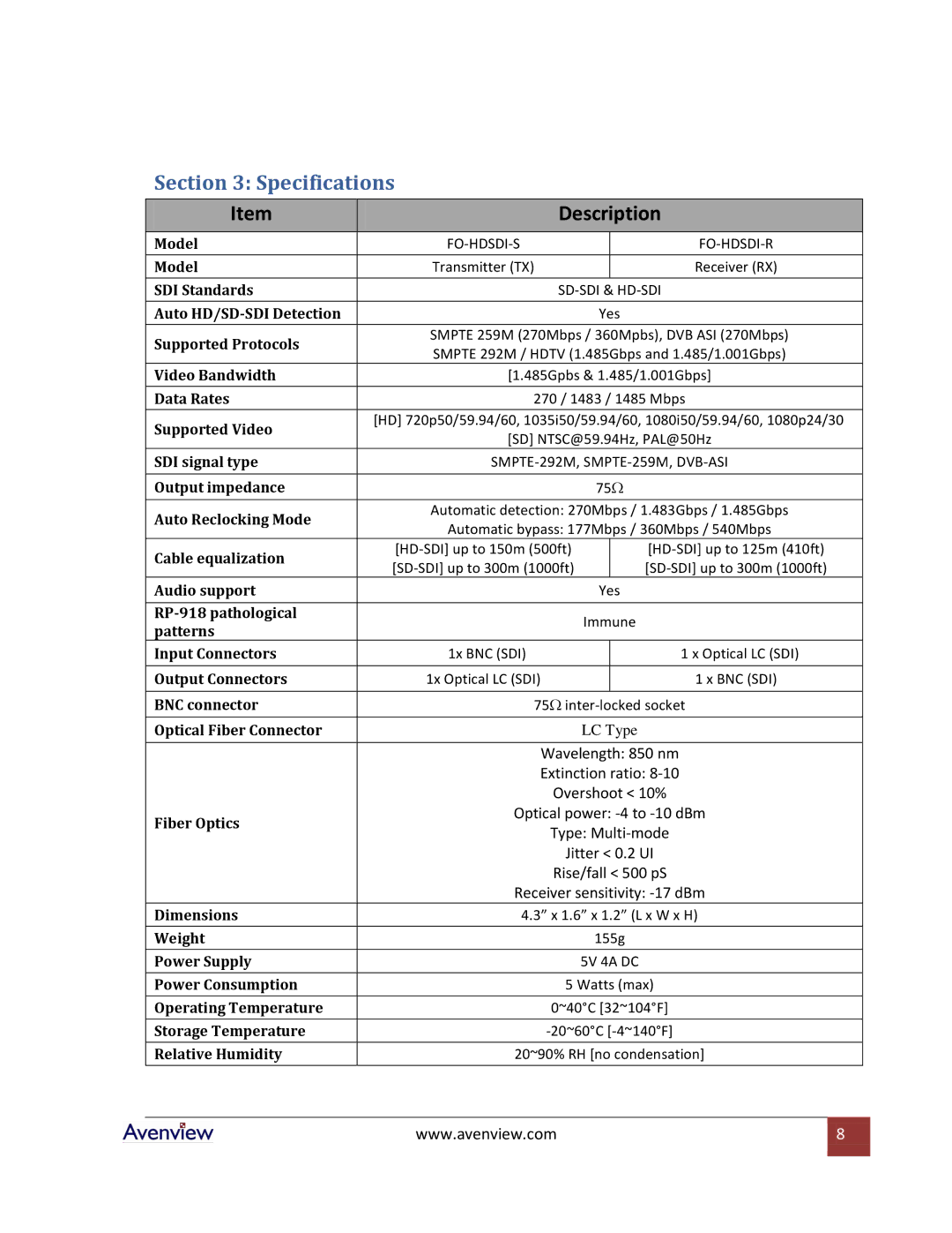 Avenview FO-HDSDI-SET specifications Specifications, Description 