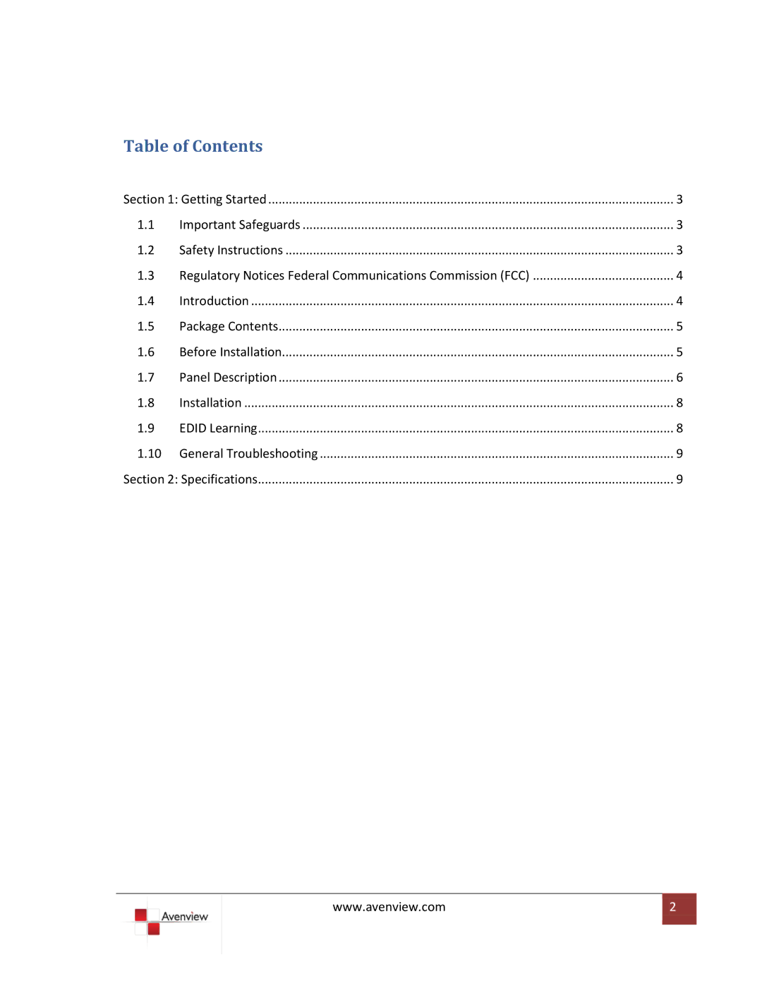 Avenview HDM-C5-3-R specifications Table of Contents 