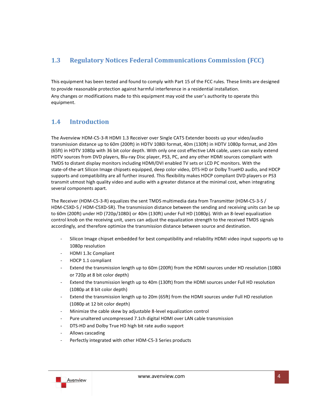 Avenview HDM-C5-3-R specifications Regulatory Notices Federal Communications Commission FCC, Introduction 