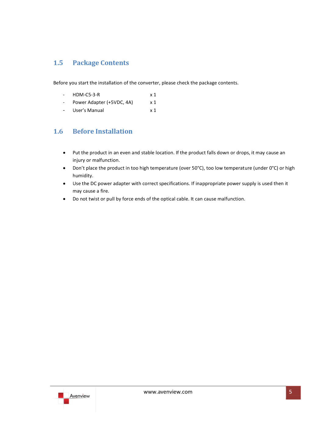 Avenview HDM-C5-3-R specifications Package Contents, Before Installation 