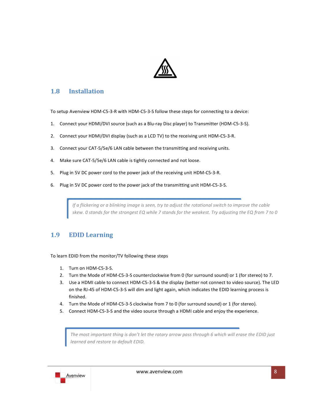 Avenview HDM-C5-3-R specifications Installation, Edid Learning 