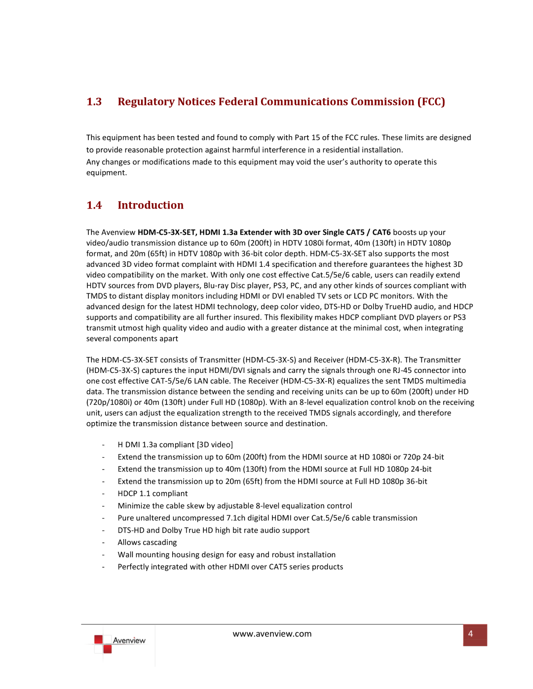 Avenview HDM-C5-3X-SET specifications Regulatory Notices Federal Communications Commission FCC, Introduction 