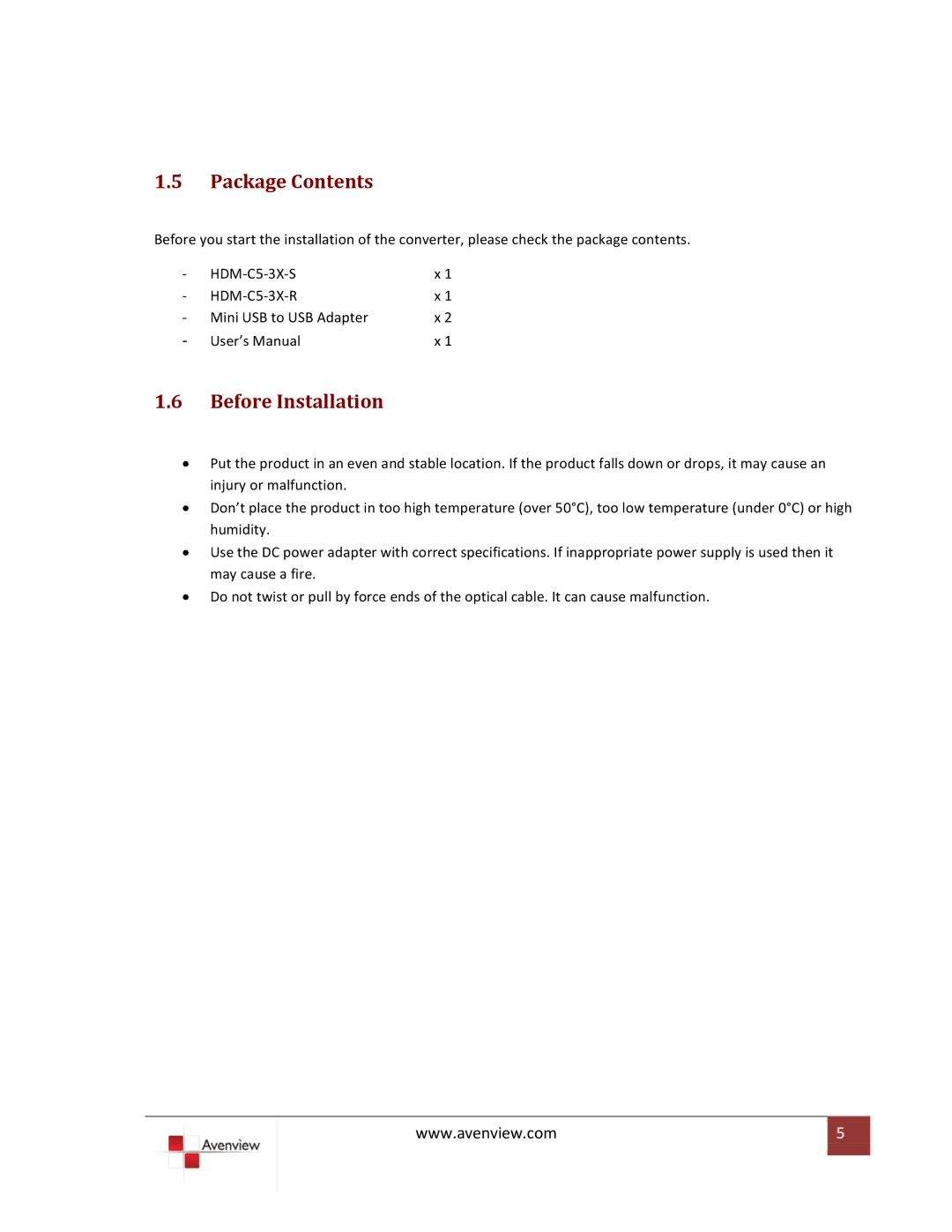 Avenview HDM-C5-3X-SET specifications Package Contents, Before Installation 