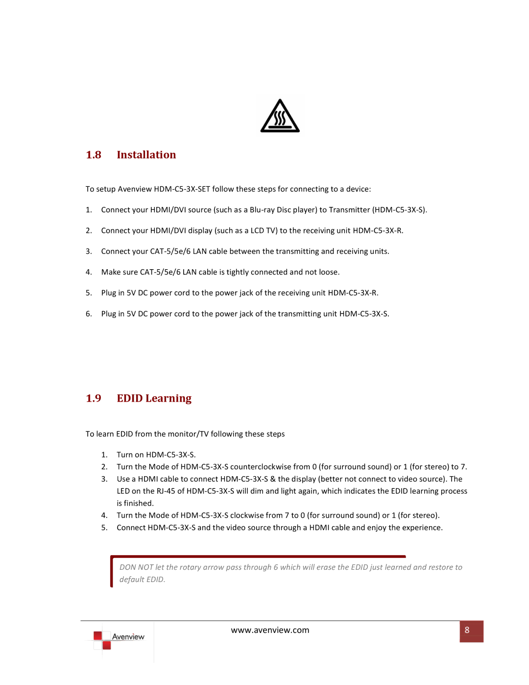 Avenview HDM-C5-3X-SET specifications Installation, Edid Learning 