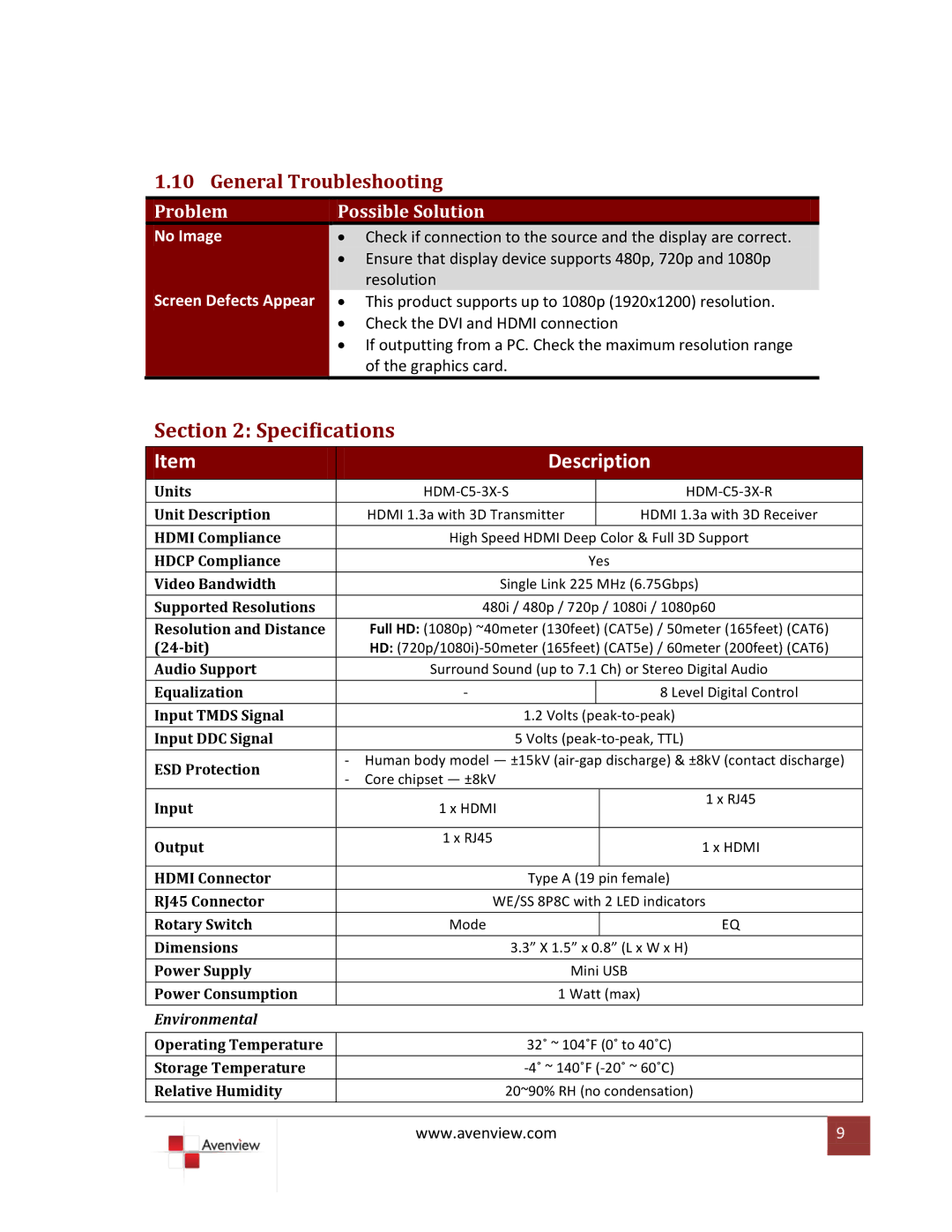 Avenview HDM-C5-3X-SET specifications General Troubleshooting, Problem Possible Solution 