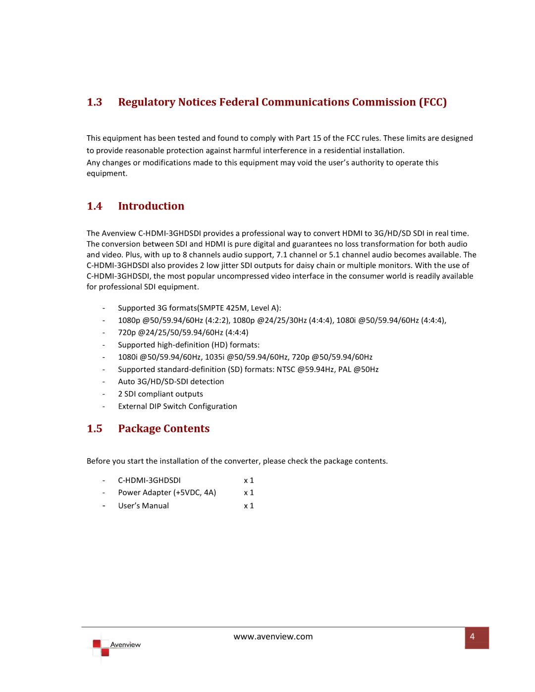 Avenview HDMI 3G/HD/SD-SDI Regulatory Notices Federal Communications Commission FCC, Introduction, Package Contents 