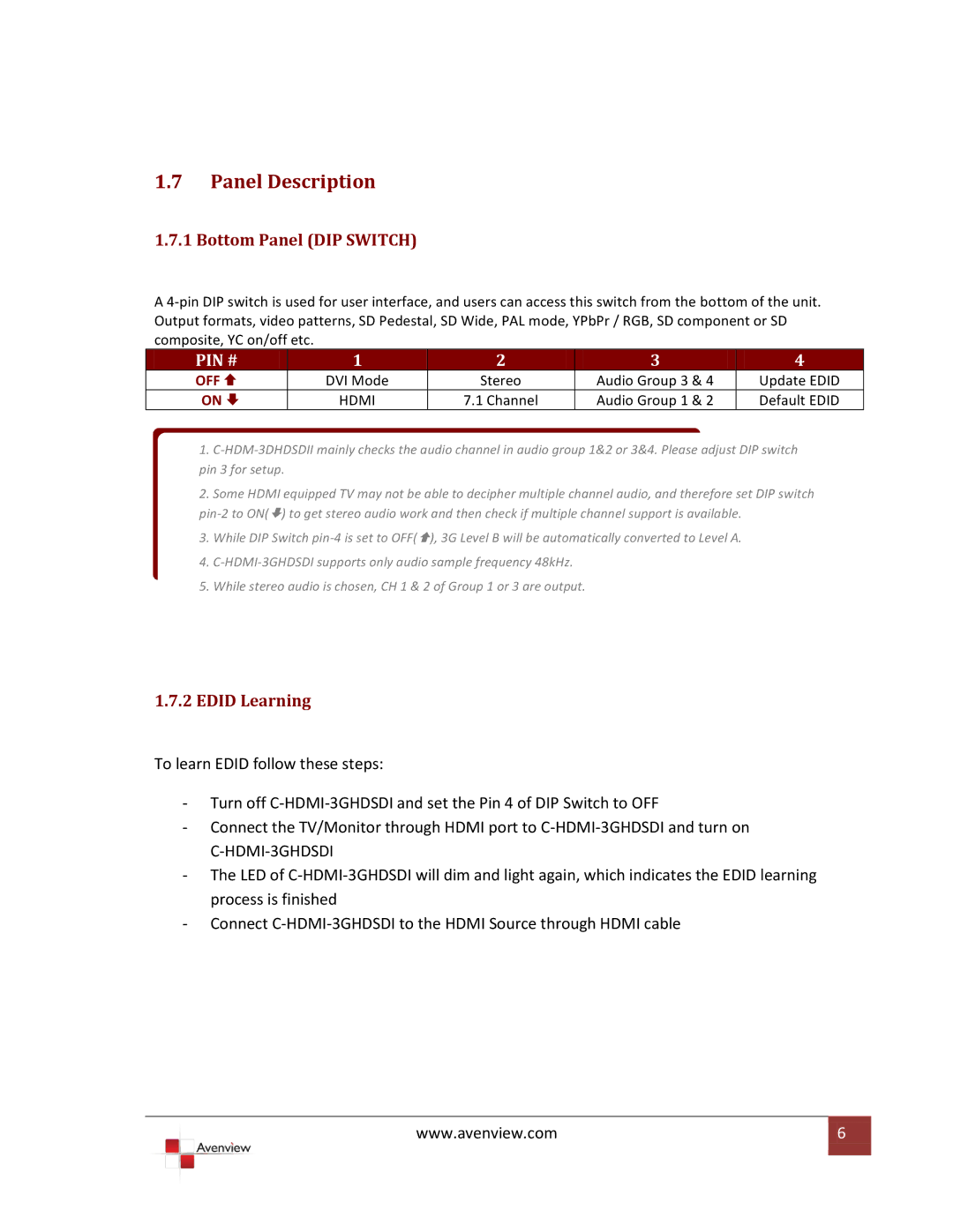 Avenview HDMI 3G/HD/SD-SDI specifications Panel Description, Bottom Panel DIP Switch 