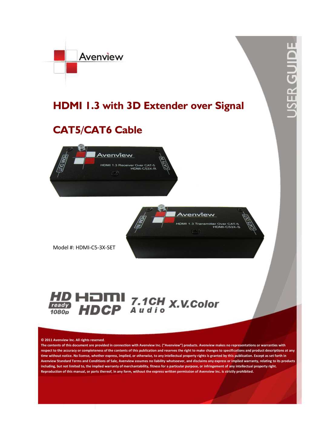 Avenview HDMI-C5-3X-SET specifications Hdmi 1.3 with 3D Extender over Signal CAT5/CAT6 Cable 