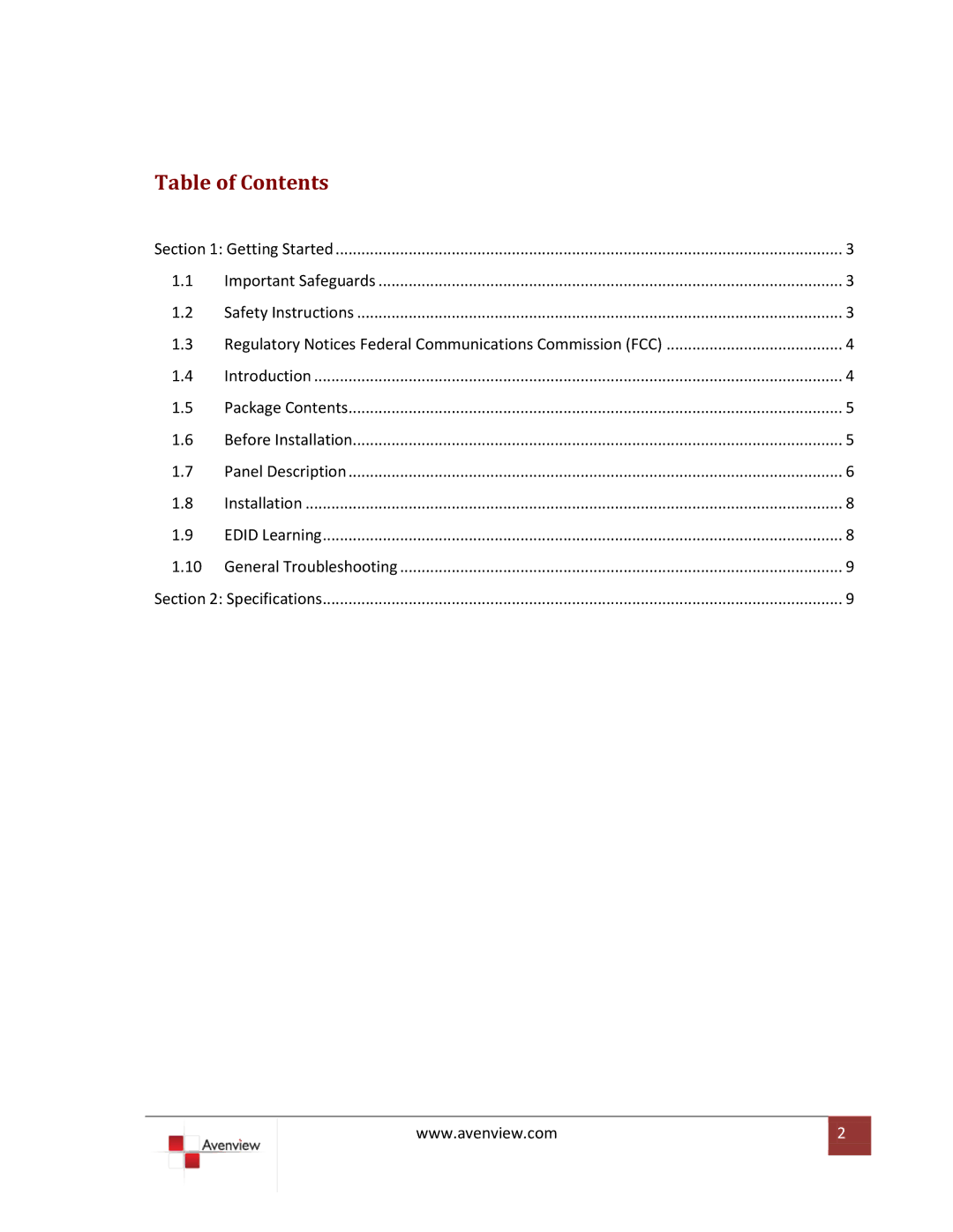 Avenview HDMI-C5-3X-SET specifications Table of Contents 